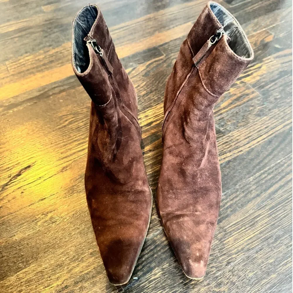 Ralph Lauren | Women's Brown Suede Ankle Boots Pointed Toe Kitten Heel Size 8